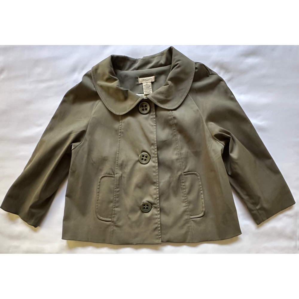 Vertigo Paris Women Cropped Jacket Olive‎ Green Button Front Peter Pan Collar M - Picture 3 of 13
